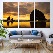 Load image into Gallery viewer, ocean rocks canvas print evening yellow cannon beach sunset 3 piece canvas wall art black haystack rock canvas set For Living Room
