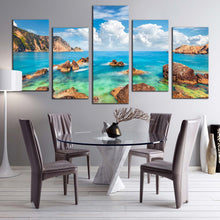 Load image into Gallery viewer, ocean rocks canvas print greece blue green petani beach 5 piece canvas wall art cloudy ocean seascape canvas set For Dining Room
