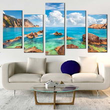 Load image into Gallery viewer, ocean rocks canvas print greece blue green petani beach 5 piece canvas wall art cloudy ocean seascape canvas set In Living Room
