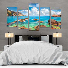 Load image into Gallery viewer, ocean rocks canvas print greece blue green petani beach 5 piece canvas wall art cloudy ocean seascape canvas set For Bedroom
