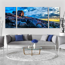 Load image into Gallery viewer, ocean rocks canvas wall art australia yellow sky ocean 3 piece canvas set merimbula blue short point ocean canvas print In Living Room
