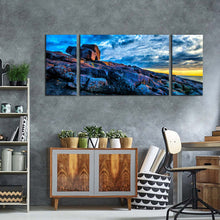 Load image into Gallery viewer, ocean rocks canvas wall art australia yellow sky ocean 3 piece canvas set merimbula blue short point ocean canvas print
