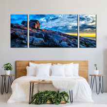 Load image into Gallery viewer, ocean rocks canvas wall art australia yellow sky ocean 3 piece canvas set merimbula blue short point ocean canvas print For Bedroom
