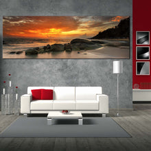 Load image into Gallery viewer, ocean  rocks  canvas  wall  art  beautiful  yellow  sky  boulders  panoramic  canvas  artwork  orange  sunset  seascape  ocean  canvas  print In Living Room
