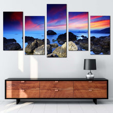 Load image into Gallery viewer, ocean rocks canvas wall art blue sea stony beach 5 piece multi canvas artwork dramatic red sky ocean canvas print
