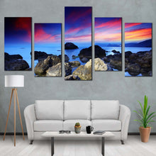 Load image into Gallery viewer, ocean rocks canvas wall art blue sea stony beach 5 piece multi canvas artwork dramatic red sky ocean canvas print For Your Living room
