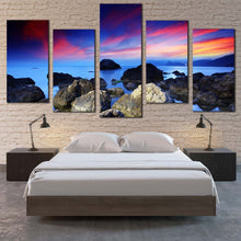 Load image into Gallery viewer, ocean rocks canvas wall art blue sea stony beach 5 piece multi canvas artwork dramatic red sky ocean canvas print For Bedroom
