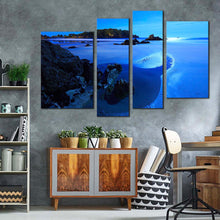 Load image into Gallery viewer, ocean rocks canvas wall art blue sky ocean beach 4 piece canvas green ocean mountain canvas print in living room
