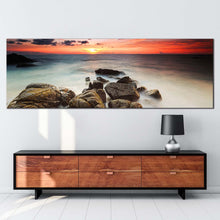 Load image into Gallery viewer, ocean  rocks  canvas  wall  art  brown  ocean  boulders  canvas  print  cloudy  red  yellow  sea  panorama  canvas In Living Room
