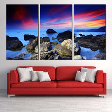 Load image into Gallery viewer, ocean rocks canvas wall art dramatic red sky seascape canvas print blue sea stony beach ocean 3 piece multiple canvas For Living Room
