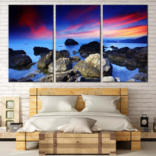 Load image into Gallery viewer, ocean rocks canvas wall art dramatic red sky seascape canvas print blue sea stony beach ocean 3 piece multiple canvas For Bedroom
