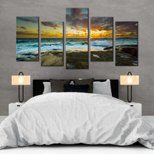 Load image into Gallery viewer, ocean rocks canvas wall art dramatic yellow sky ocean multiple canvas brown ocean landscape 5 piece canvas print For Bedroom
