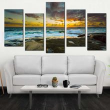 Load image into Gallery viewer, ocean rocks canvas wall art dramatic yellow sky ocean multiple canvas brown ocean landscape 5 piece canvas print In Living Room
