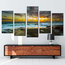 Load image into Gallery viewer, ocean rocks canvas wall art dramatic yellow sky ocean multiple canvas brown ocean landscape 5 piece canvas print For Living Room
