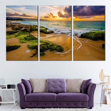 Load image into Gallery viewer, ocean rocks canvas wall art green ocean scenery 3 piece canvas set dramatic cloudy yellow sky ocean triptych canvas print In Living Room
