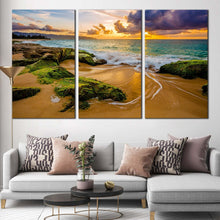 Load image into Gallery viewer, ocean rocks canvas wall art green ocean scenery 3 piece canvas set dramatic cloudy yellow sky ocean triptych canvas print For Living Room
