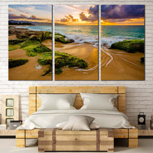 Load image into Gallery viewer, ocean rocks canvas wall art green ocean scenery 3 piece canvas set dramatic cloudy yellow sky ocean triptych canvas print For Bedroom
