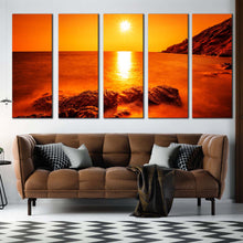 Load image into Gallery viewer, ocean rocks canvas wall art thailand yellow sun ocean landscape 5 piece multi canvas artwork orange sea ocean canvas print In Living room
