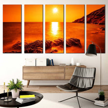 Load image into Gallery viewer, ocean rocks canvas wall art thailand yellow sun ocean landscape 5 piece multi canvas artwork orange sea ocean canvas print For Living Room
