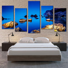 Load image into Gallery viewer, ocean rocks canvas wall art ukraine blue ocean multi canvas artwork brown ocean boulders 5 piece canvas print In Bedroom
