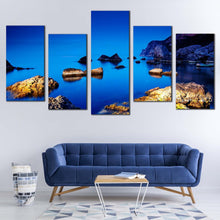 Load image into Gallery viewer, ocean rocks canvas wall art ukraine blue ocean multi canvas artwork brown ocean boulders 5 piece canvas print In Your Living room
