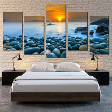 Load image into Gallery viewer, ocean rocks canvas wall art vietnam blue ocean 5 piece canvas quy nhon bay ocean beach canvas print orange sky stony ocean multi canvas artwork For Bedroom
