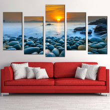 Load image into Gallery viewer, ocean rocks canvas wall art vietnam blue ocean 5 piece canvas quy nhon bay ocean beach canvas print orange sky stony ocean multi canvas artwork In Living room
