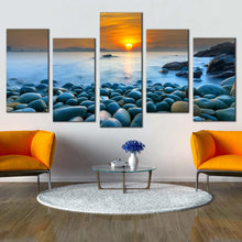 Load image into Gallery viewer, ocean rocks canvas wall art vietnam blue ocean 5 piece canvas quy nhon bay ocean beach canvas print orange sky stony ocean multi canvas artwork For Living room
