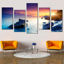 Load image into Gallery viewer, ocean rocks canvas wall art yellow cloudy sky ocean multiple canvas artwork blue ukraine ocean rocks boulders 5 piece canvas print In Living Room
