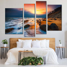 Load image into Gallery viewer, ocean rocks canvas wall art yellow sunset at sea canvas set brown ocean 4 piece canvas print for your bedroom
