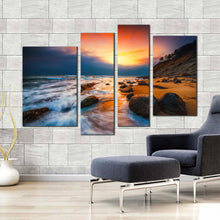 Load image into Gallery viewer, ocean rocks canvas wall art yellow sunset at sea canvas set brown ocean 4 piece canvas print in living room
