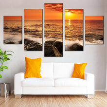 Load image into Gallery viewer, ocean rocks canvas wall art yellow sunset at sea canvas set orange sky seascape waves 5 piece canvas print For Living room
