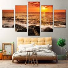 Load image into Gallery viewer, ocean rocks canvas wall art yellow sunset at sea canvas set orange sky seascape waves 5 piece canvas print In Bedroom
