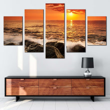 Load image into Gallery viewer, ocean rocks canvas wall art yellow sunset at sea canvas set orange sky seascape waves 5 piece canvas print
