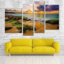 Load image into Gallery viewer, ocean scenery canvas wall art beautiful yellow sunset ocean 4 piece canvas print hawaii green ocean rocks multiple canvas for living room
