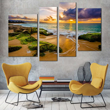 Load image into Gallery viewer, ocean scenery canvas wall art beautiful yellow sunset ocean 4 piece canvas print hawaii green ocean rocks multiple canvas for your living room 
