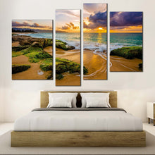 Load image into Gallery viewer, ocean scenery canvas wall art beautiful yellow sunset ocean 4 piece canvas print hawaii green ocean rocks multiple canvas in bedroom
