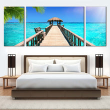 Load image into Gallery viewer, ocean sky canvas print blue tropical paradise ocean 3 piece canvas wall art brown wooden pier canvas set For Bedroom
