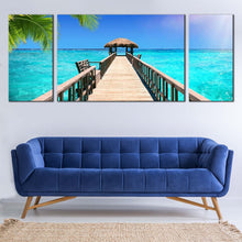 Load image into Gallery viewer, ocean sky canvas print blue tropical paradise ocean 3 piece canvas wall art brown wooden pier canvas set For LIving Room
