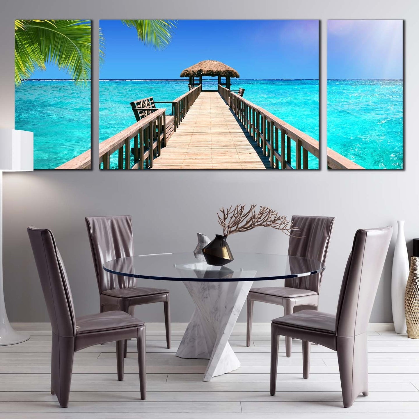 ocean sky canvas print blue tropical paradise ocean 3 piece canvas wall art brown wooden pier canvas set In Dining Room