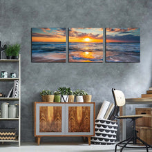 Load image into Gallery viewer, ocean  sky  canvas  print  dramatic  blue  seascape  waves  3  piece  multi  canvas  orange  sunset  ocean  triptych  canvas  wall  art
