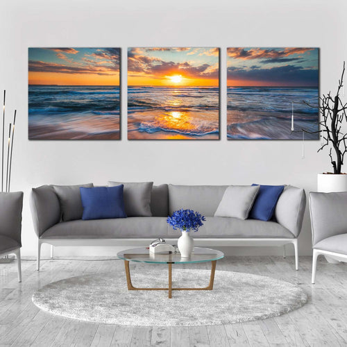 ocean  sky  canvas  print  dramatic  blue  seascape  waves  3  piece  multi  canvas  orange  sunset  ocean  triptych  canvas  wall  art For Living Room