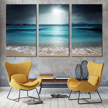 Load image into Gallery viewer, ocean sky canvas print grey la digue island clouds multi canvas blue seychelles beach sand sky 3 piece canvas wall art  In Living Room
