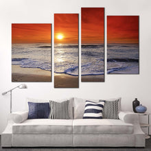 Load image into Gallery viewer, ocean sky canvas print orange cloudy seascape 4 piece canvas wall art corsica beach multi canvas artwork for living room

