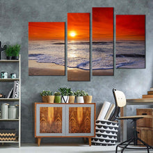 Load image into Gallery viewer, ocean sky canvas print orange cloudy seascape 4 piece canvas wall art corsica beach multi canvas artwork for your living room 
