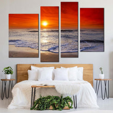Load image into Gallery viewer, ocean sky canvas print orange cloudy seascape 4 piece canvas wall art corsica beach multi canvas artwork in bedroom
