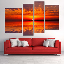 Load image into Gallery viewer, ocean  sky  canvas  print  orange  red  sunset  ocean  canvas  wall  art  dramatic  cloudy  seascape  4  piece  multi  canvas In Living Room
