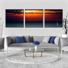 Load image into Gallery viewer, ocean  sky  canvas  wall  art  blue  seascape  multi  canvas  artwork  orange  sunset  clouds  ocean  3  piece  canvas  print In Living Room
