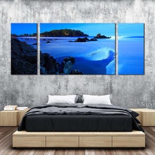 Load image into Gallery viewer, ocean sky canvas wall art blue sky ocean canvas set green trees ocean mountain beach 3 piece canvas print In Bedroom
