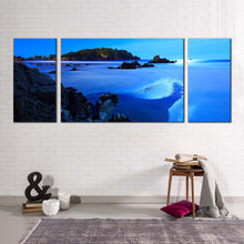 Load image into Gallery viewer, ocean sky canvas wall art blue sky ocean canvas set green trees ocean mountain beach 3 piece canvas print
